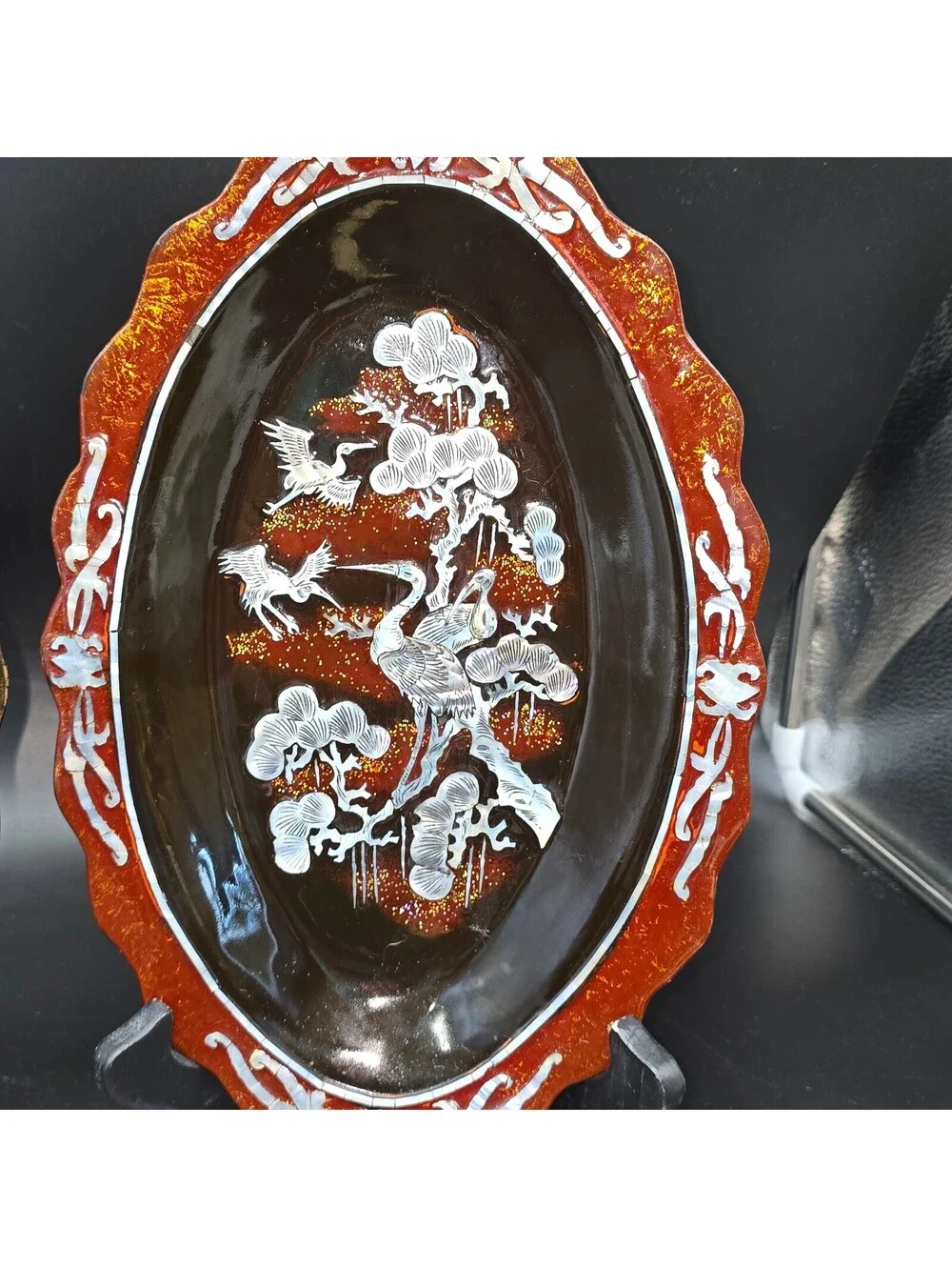 Vtg Asian Mother of Pearl Lacquer Wall Plaques Pair Phoenix Crane Bird Inlay 11”